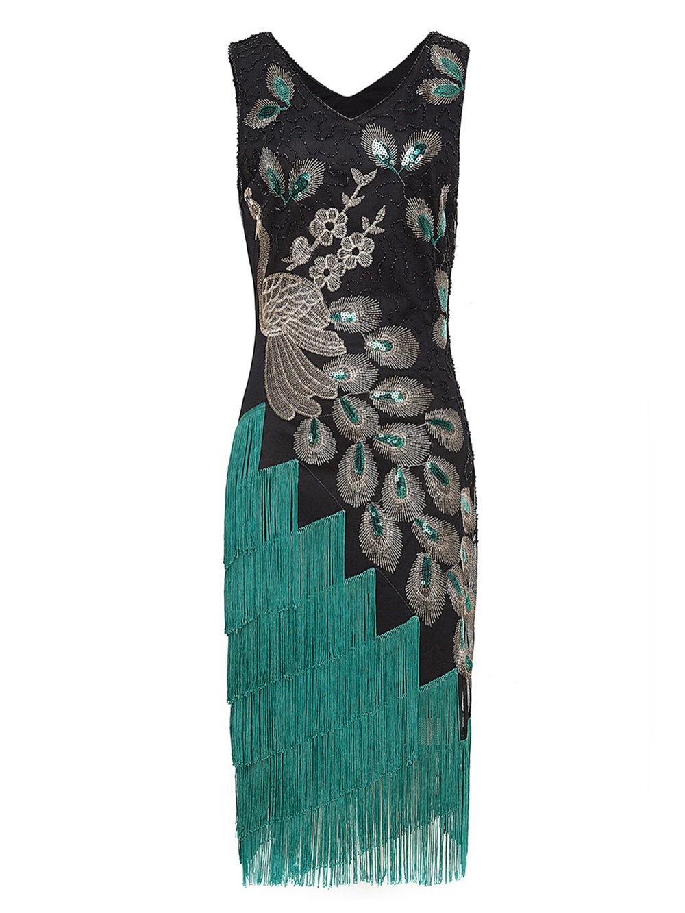 BABEYOND Irregular Tassel Peacock Flapper Dress Black Teal XS Art Deco 1920s